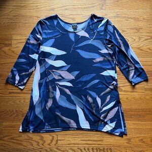 Clara Sun Woo Womens Top Asymmetrical Hem Blue Black Gray Leaf Print Tunic Sz M